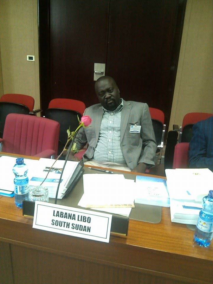 Labana representing South Sudan during a workshop session in Ethiopia in 2017